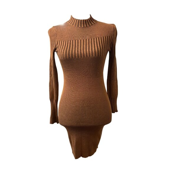 Ribbed Knit Long-Sleeve Brown Bodycon Sweater Dress With Mock Neck Size S - Picture 1 of 12